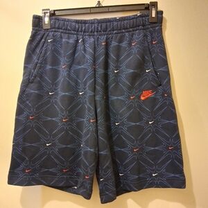 Nike Navy Graphic Logo Shorts Red Swoosh Print Elastic Waist Athletic Size M